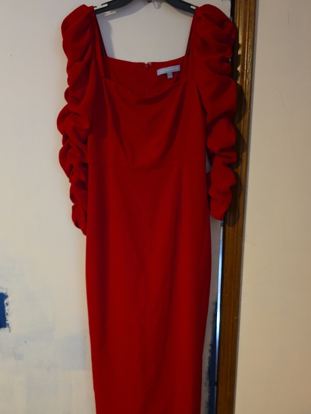 ANTONIO MELANI Crimson Ruched-Puff Sleeve Square Neck Midi Dress